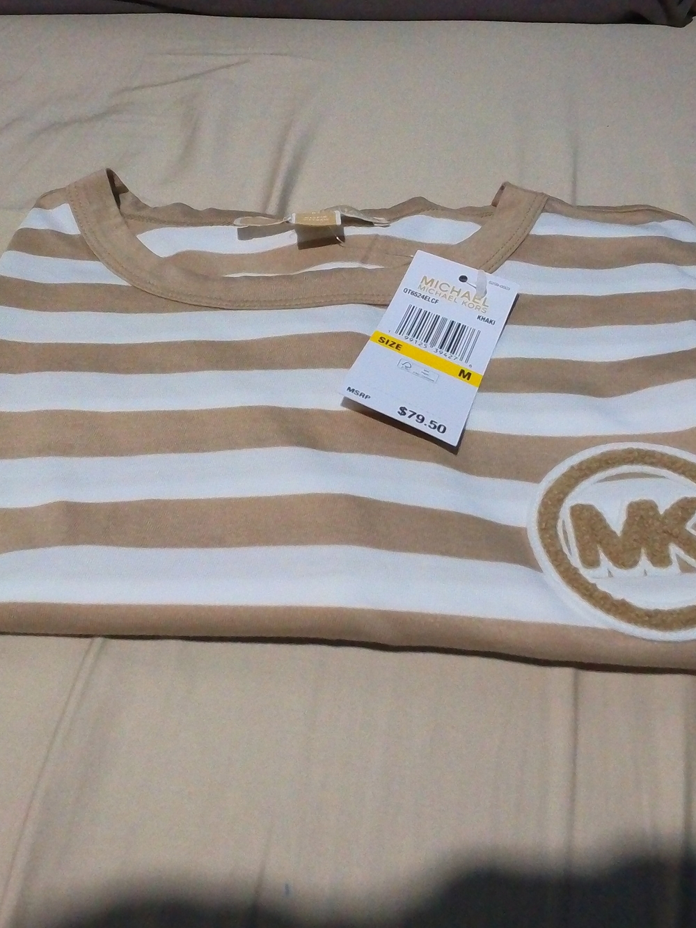 Michael Kors Striped Short-Sleeve Tee in Tan and White